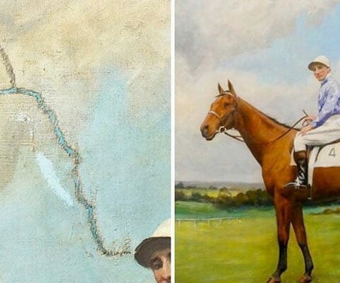 common problems that affect oil paintings - before and after of restored oil painting of jockey on horse