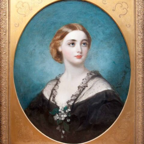 oil painting portrait of woman in gold oval mounted frame - what is painting restoration