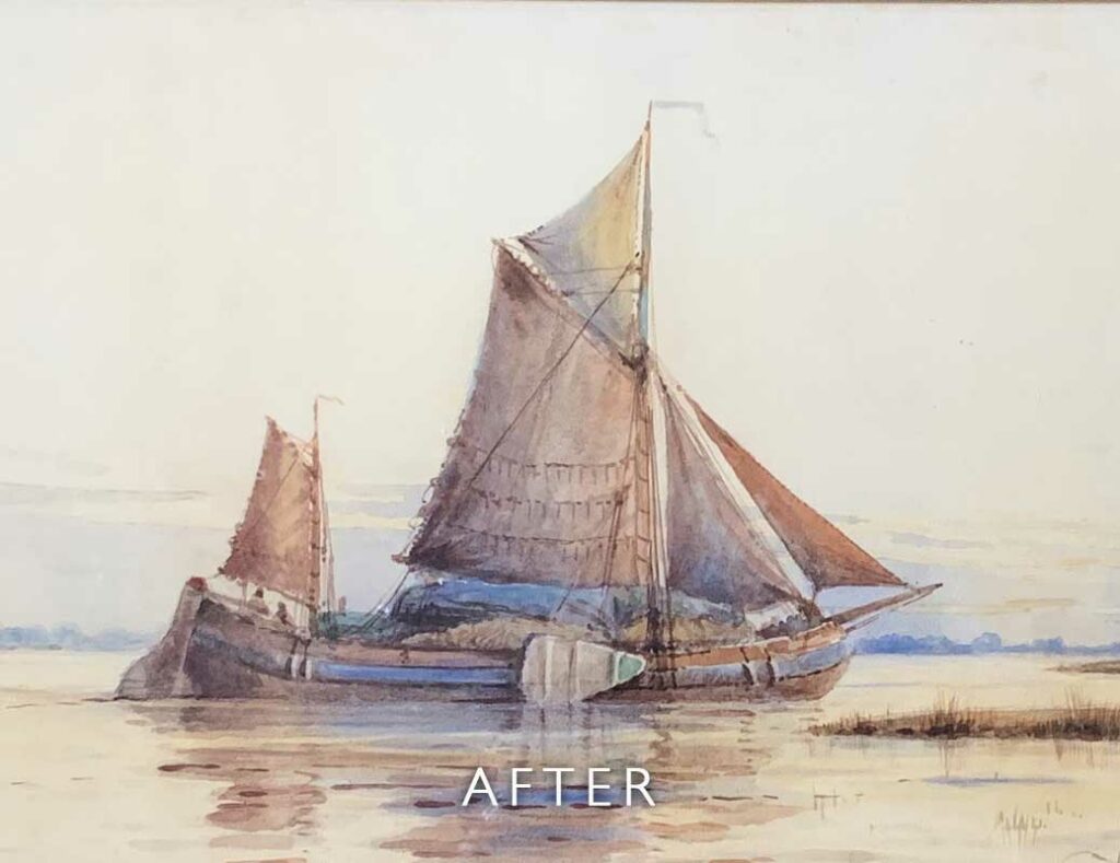 After restoration of staining on boat watercolour