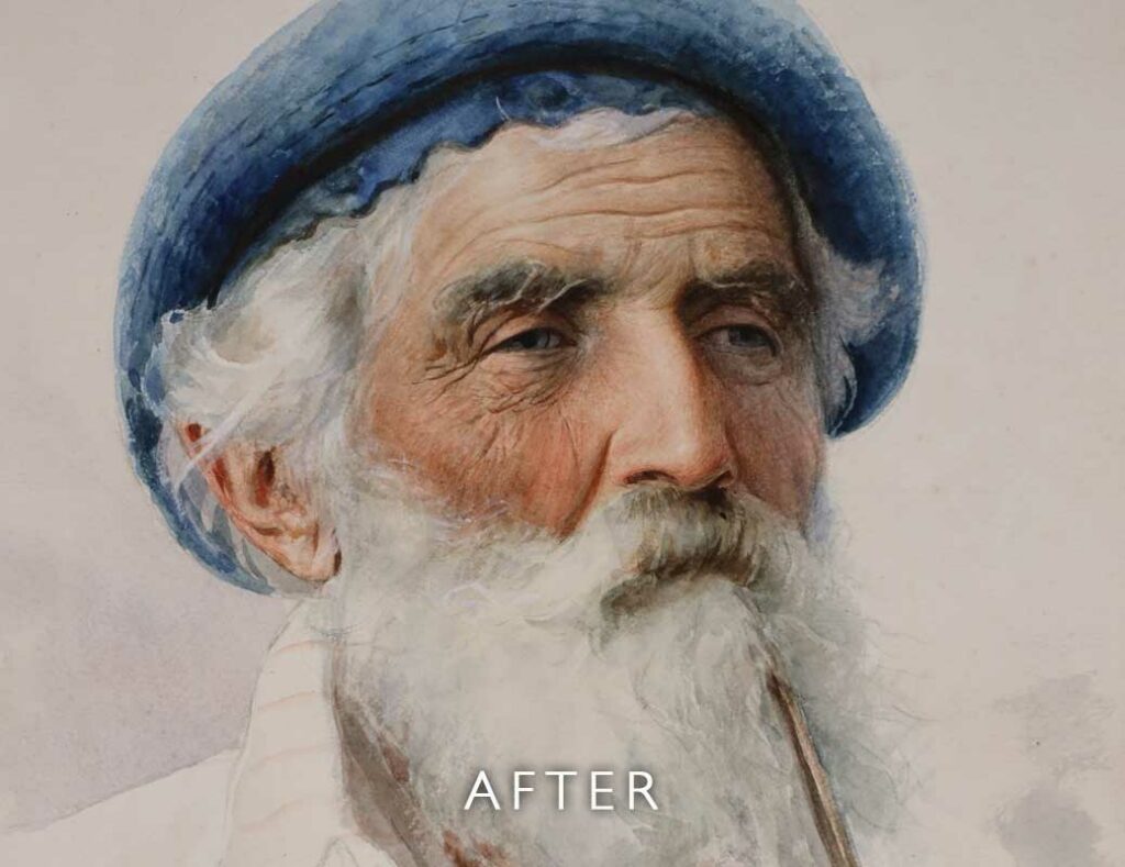 After restoration of foxing on a watercolour portrait