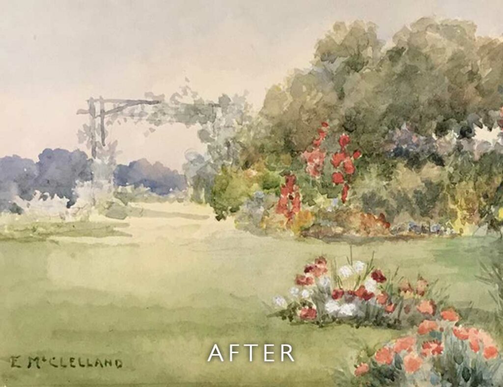After restoration of watercolour garden scene