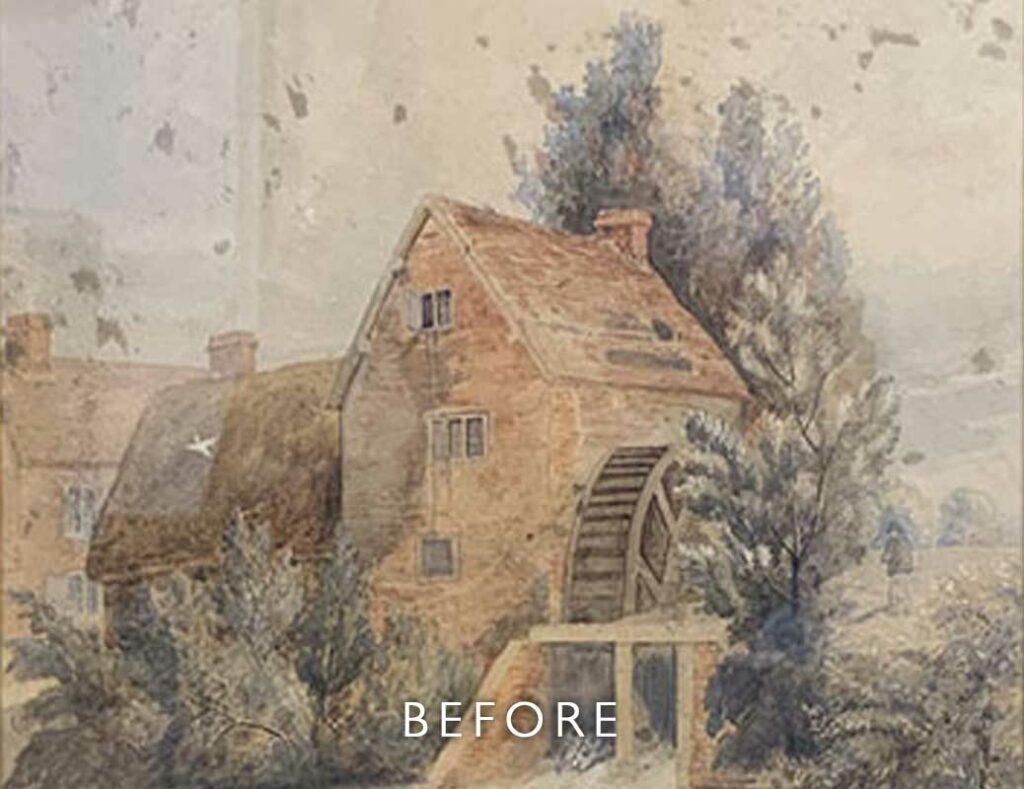 Before restoration of foxing on watercolour of Watermill