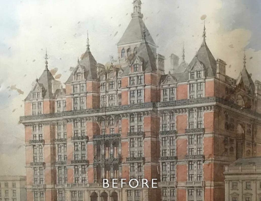 Before restoration of foxing on watercolour of hotel