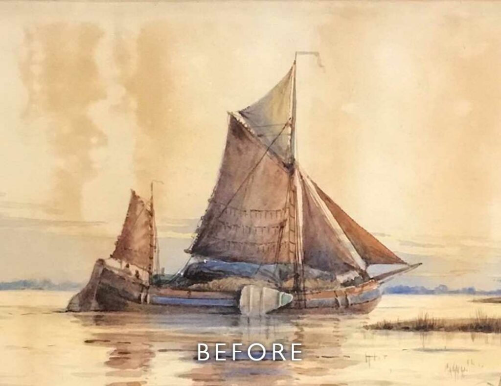 Before restoration of staining on boat watercolour