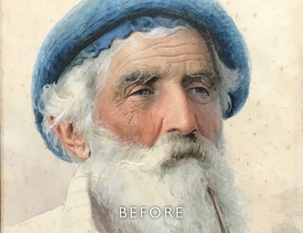 Before restoration of foxing on a watercolour portrait