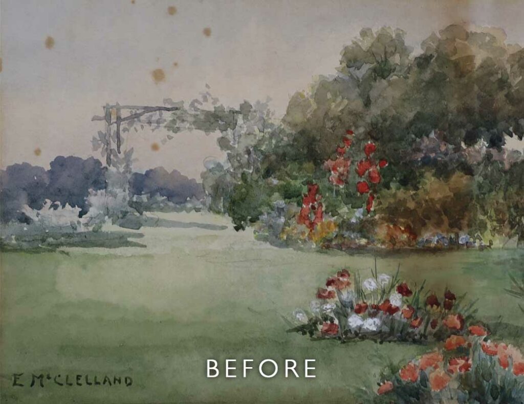 Before restoration of foxing on a garden scene watercolour