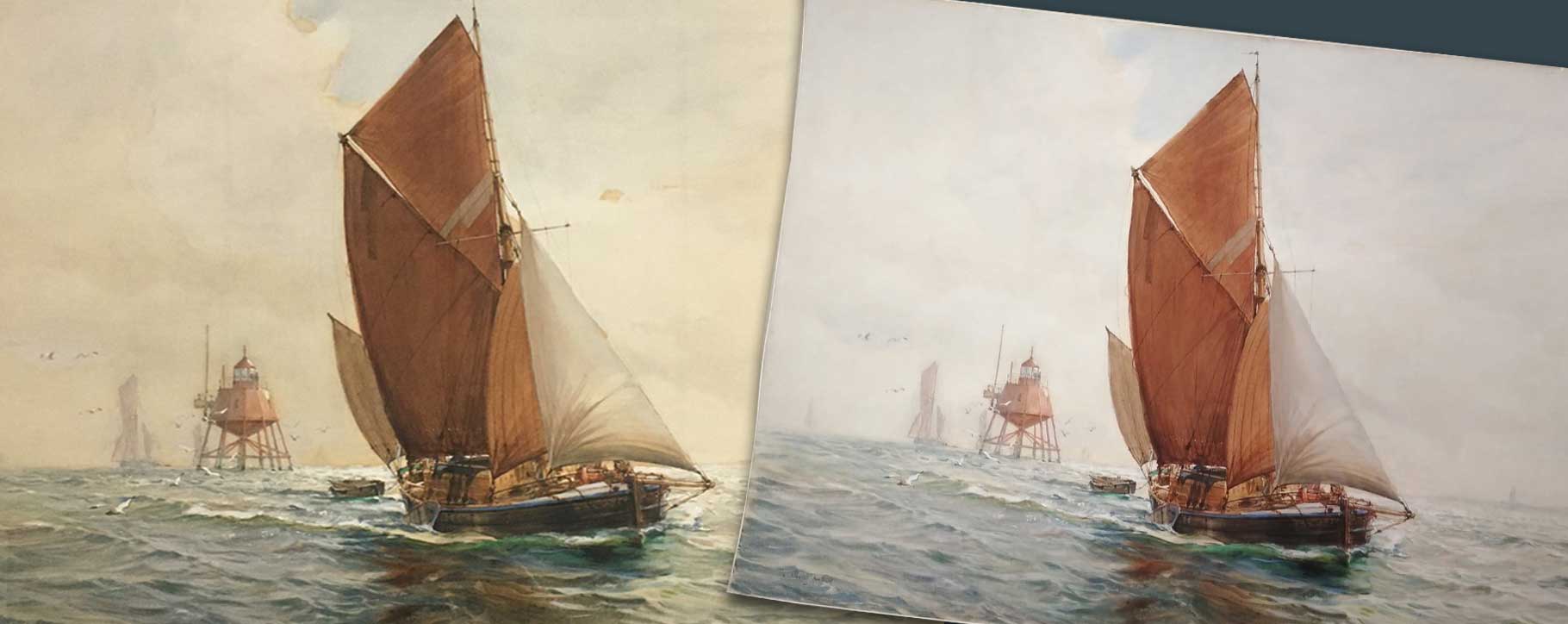 Before and after restoration of boat watercolour
