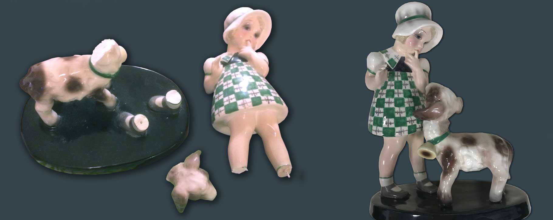 Before and after restoration of ceramic girl and lamb ornament