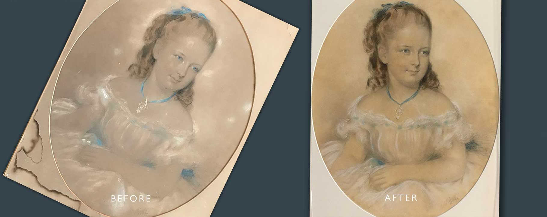 Before and after restoration of pastel drawing of girl in dress
