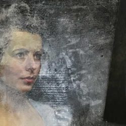 Water damaged oil painting portrait before and after restoration