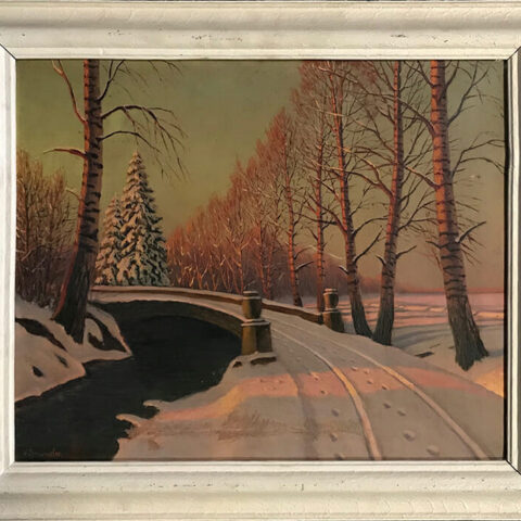 Oil painting of a snowy scene with a badly repaired tear prior to our restoration