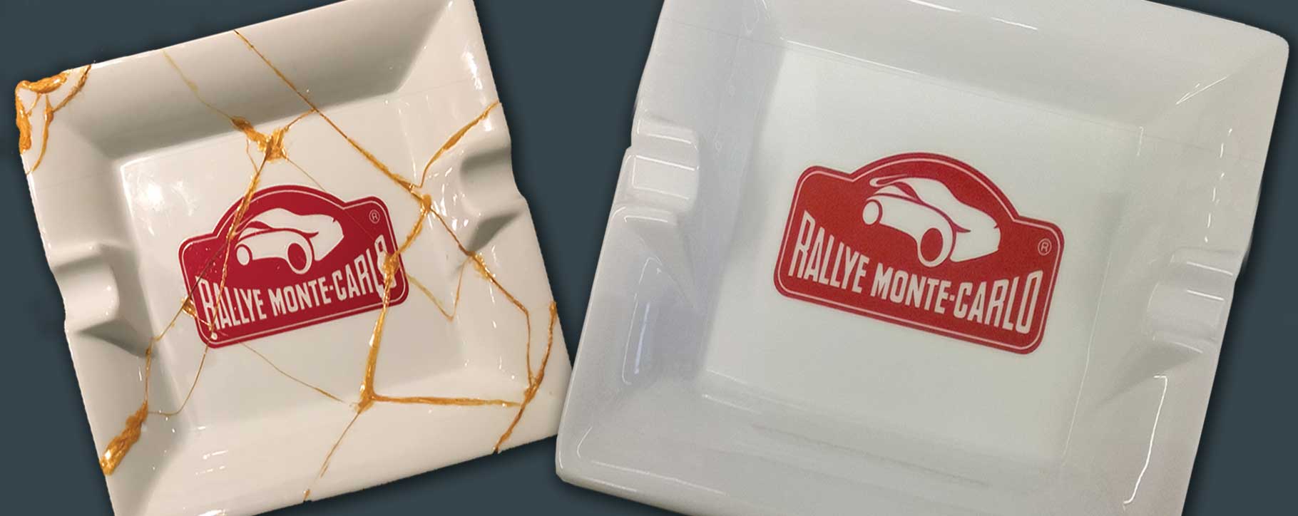 Rallye Monte Carlo ceramic ashtray before and after restoration following a breakage