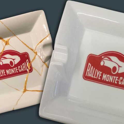 Close up of Rallye Monte Carlo ceramic ashtray before and after restoration - devaluing of artworks
