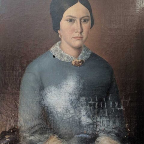 Oil painting suffering from water damage, holes and mould