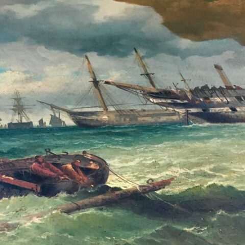 Partway through cleaning seascape with various boats - Should paintings be restored?