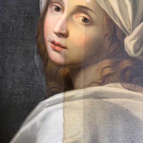 stages of varnish removal on painting - cleaning an oil painting