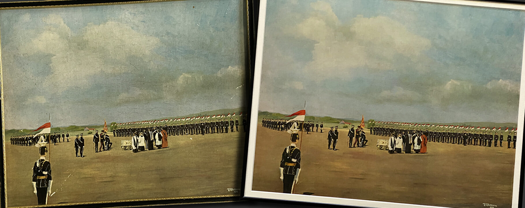 Mounting paper after military artwork restoration