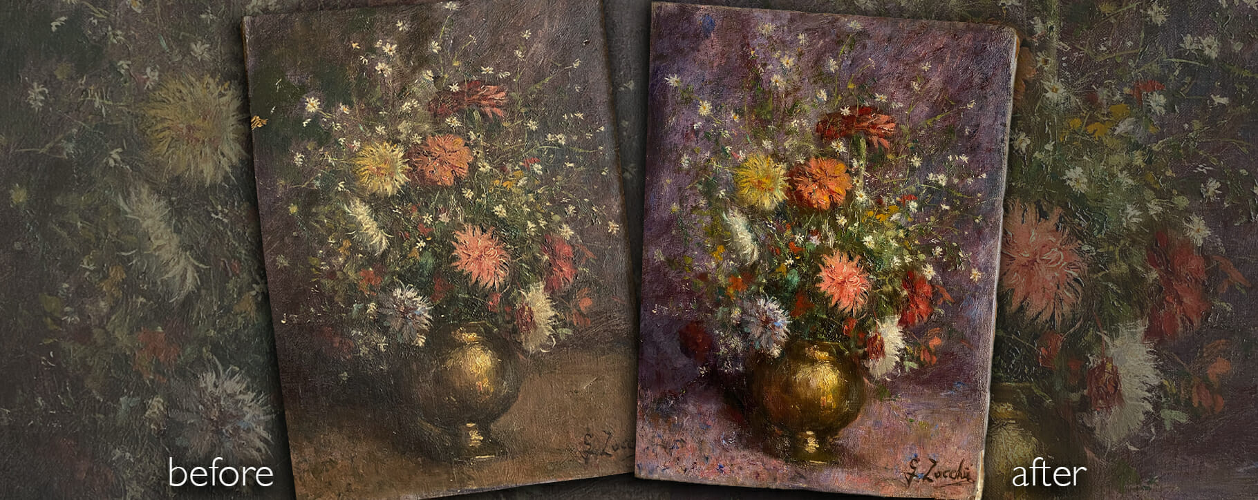 Still life painting restoration before after purple