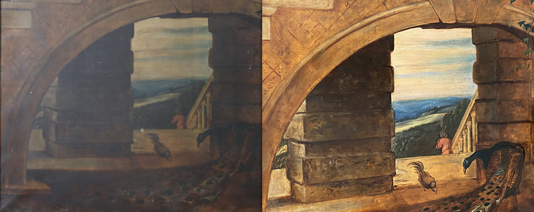 Rubens detail birds varnish removal - altarpiece painting restoration