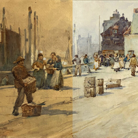 Torn discoloured watercolour