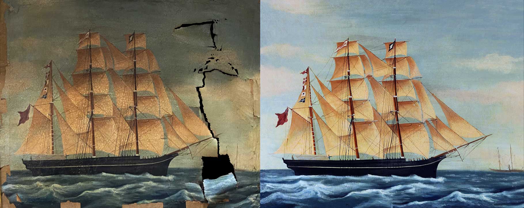 torn canvas painting of a ship - before and after restoration