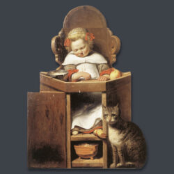 A dummy board painted panel in the shape of a small child eating in a chair with a cat at their feet