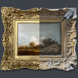 An Dutch landscape painting and gold before and after restoration