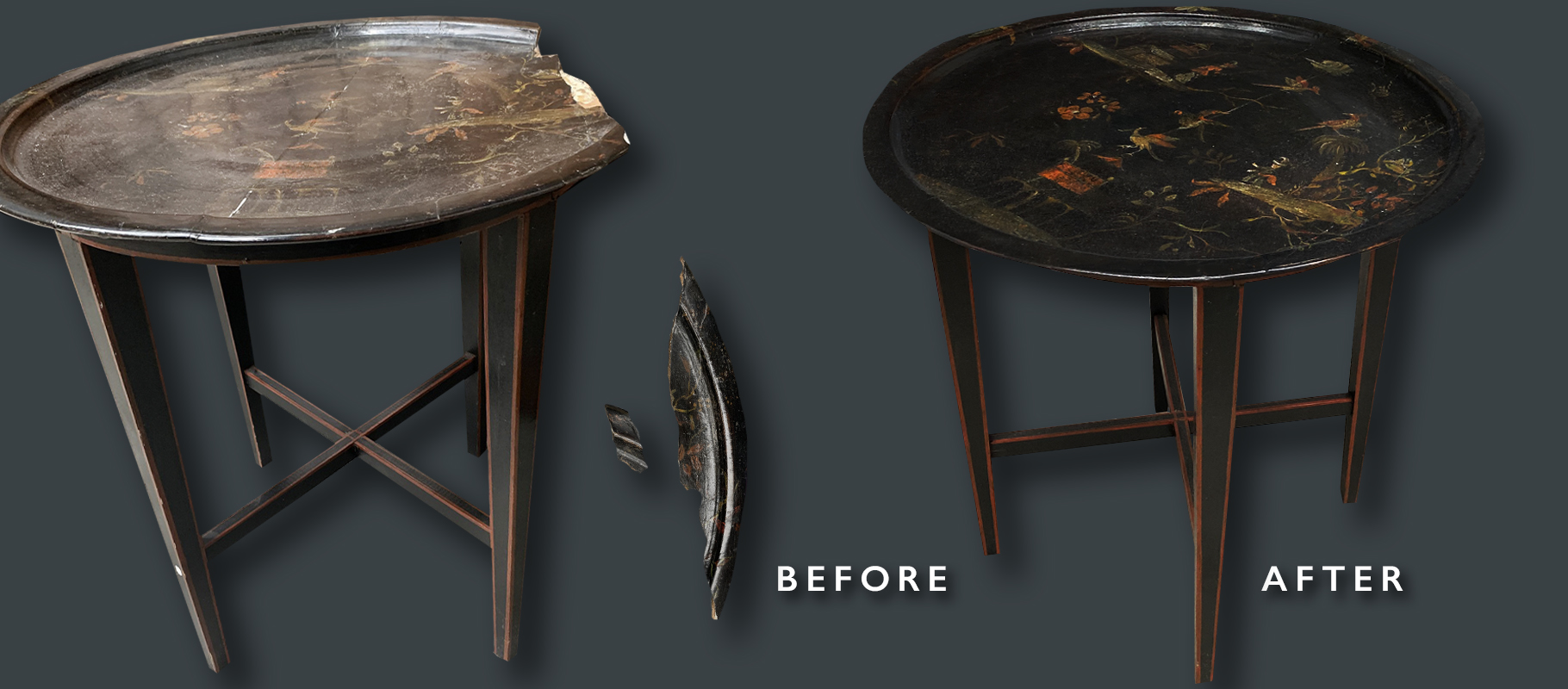 Japanese Lacquerware side table before and after restoration