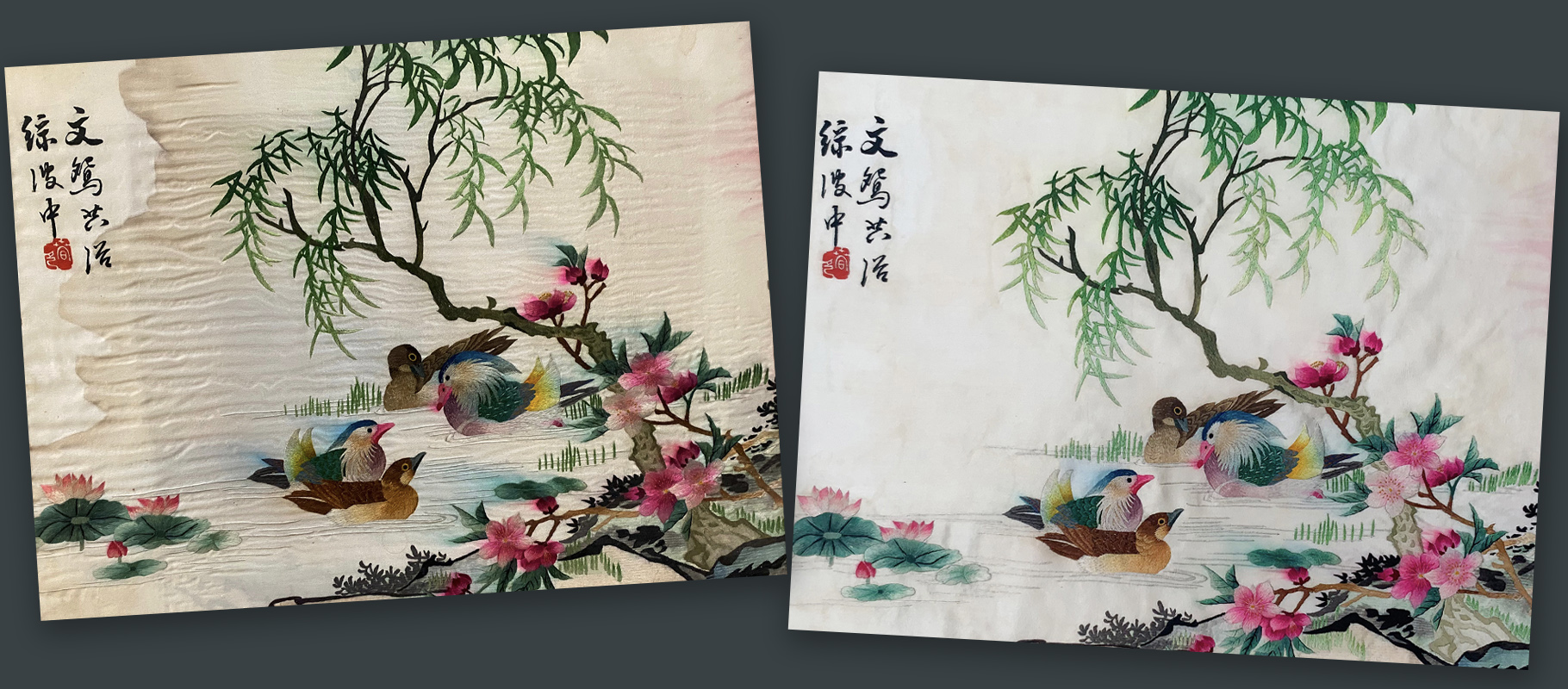 Silk painting restoration ducks