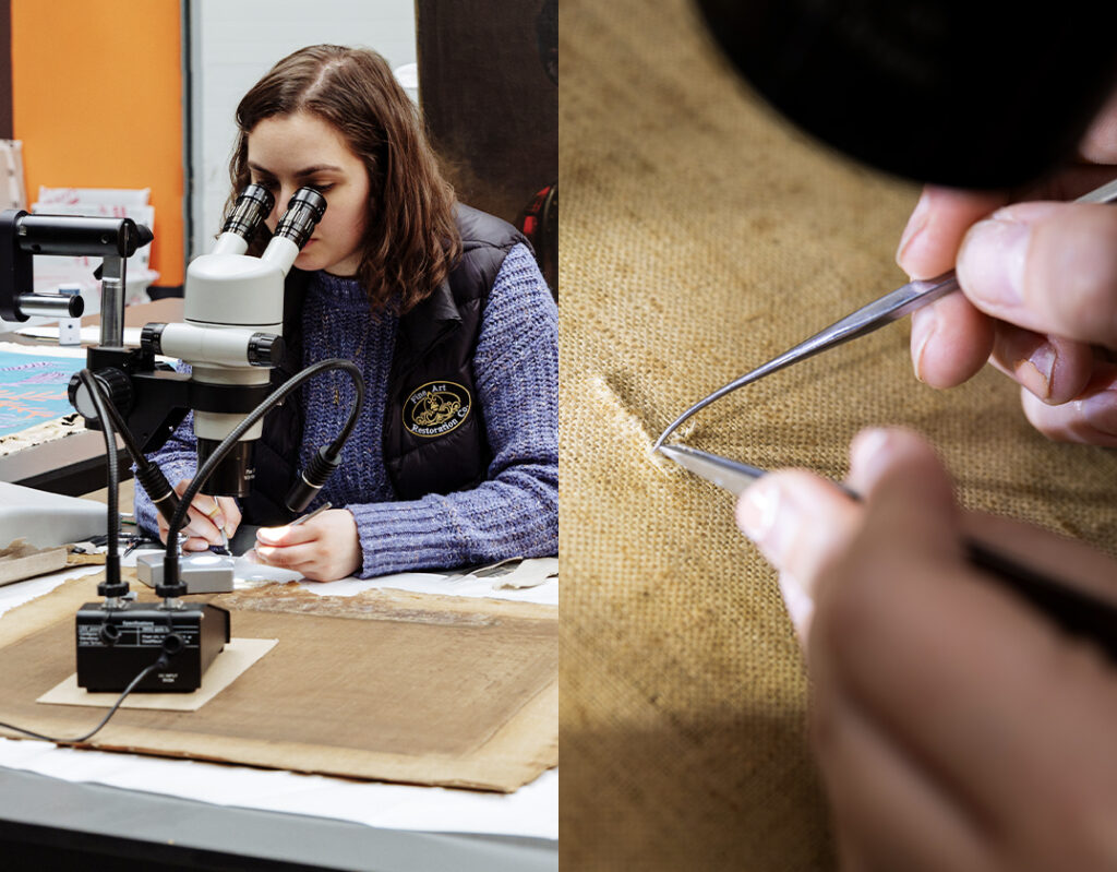 Canvas tear being professionally repaired