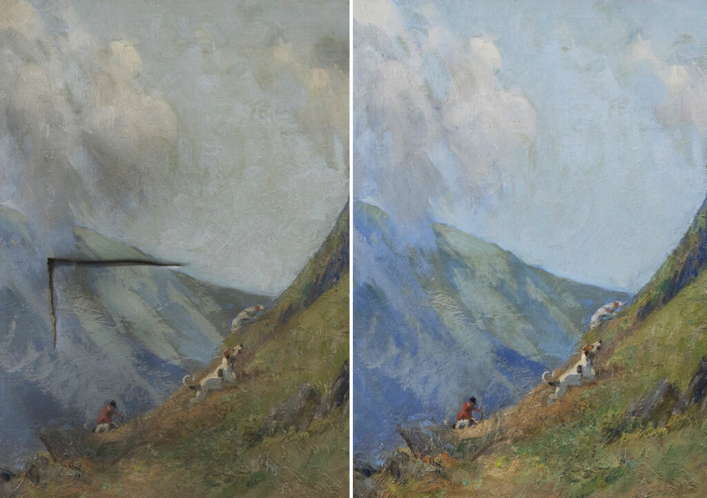 Torn canvas repair - landscape painting