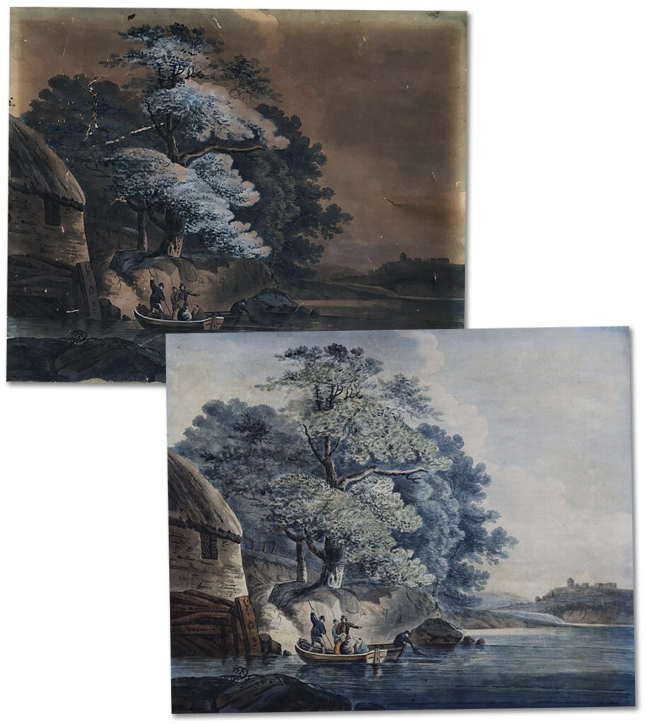 Heavily discoloured watercolour painting