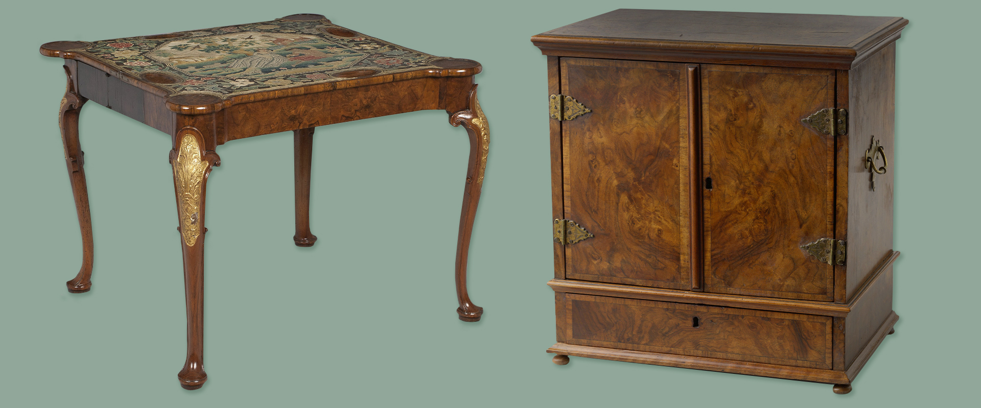 Burr walnut table and chest