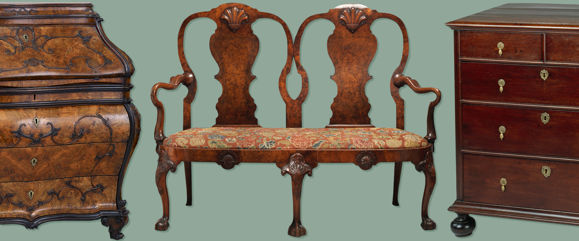 Walnut settee and chest