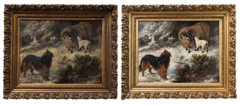 Discoloured oil painting snow scene