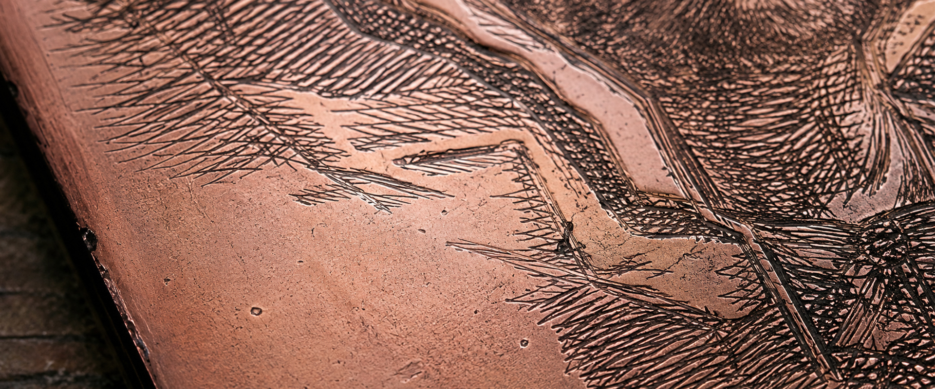 Close up detail of an antique etching plate 