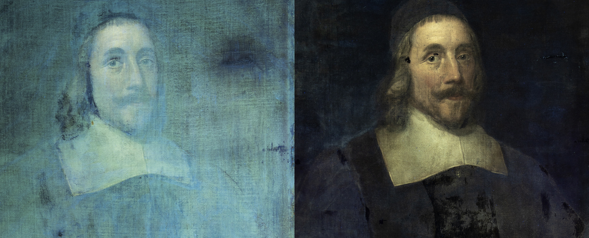 Painting under UV before and after Conservation